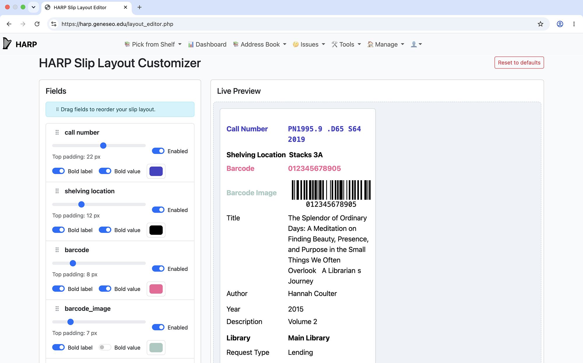 HARP Customize Slip Layout