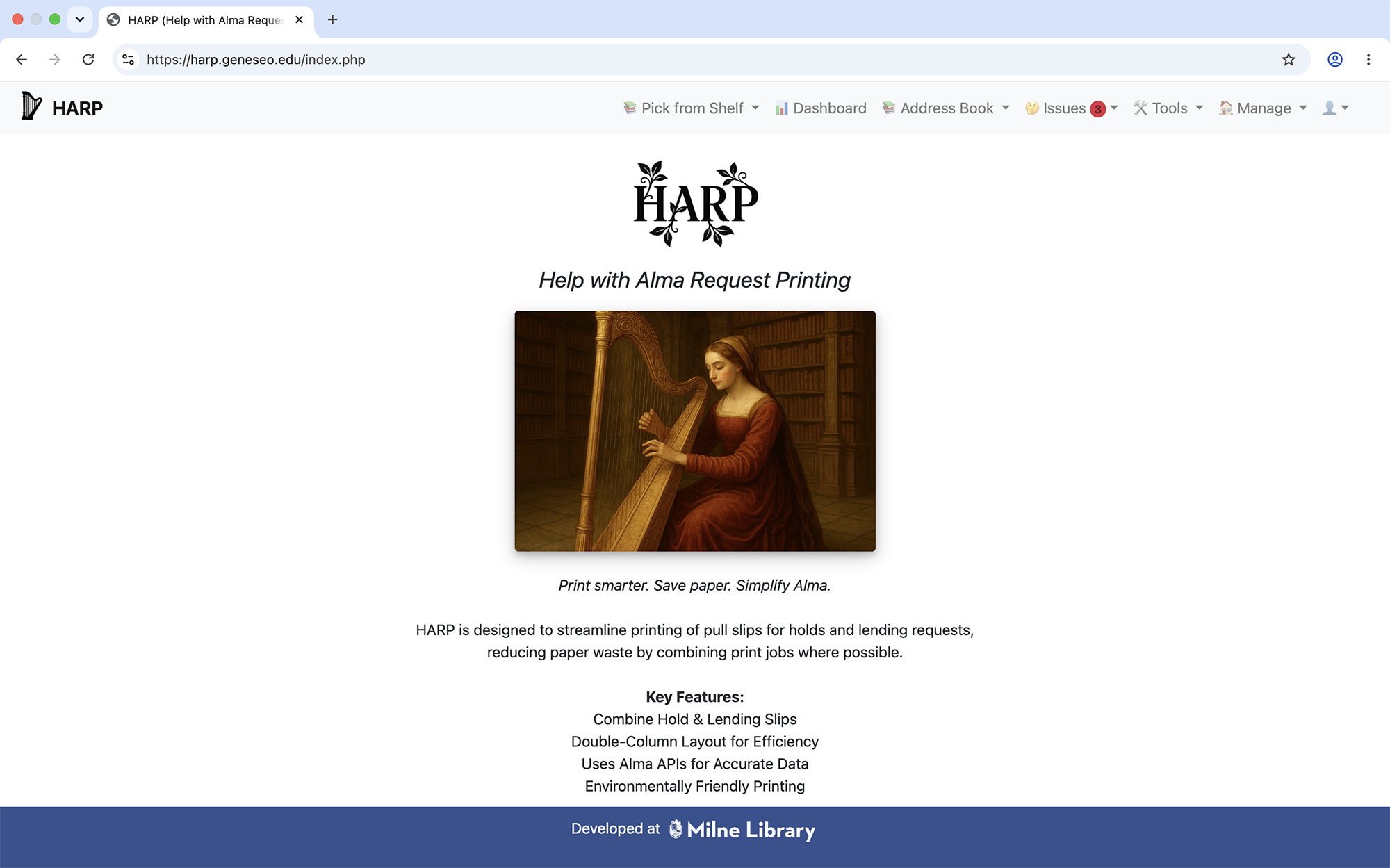 HARP homescreen showing landing page