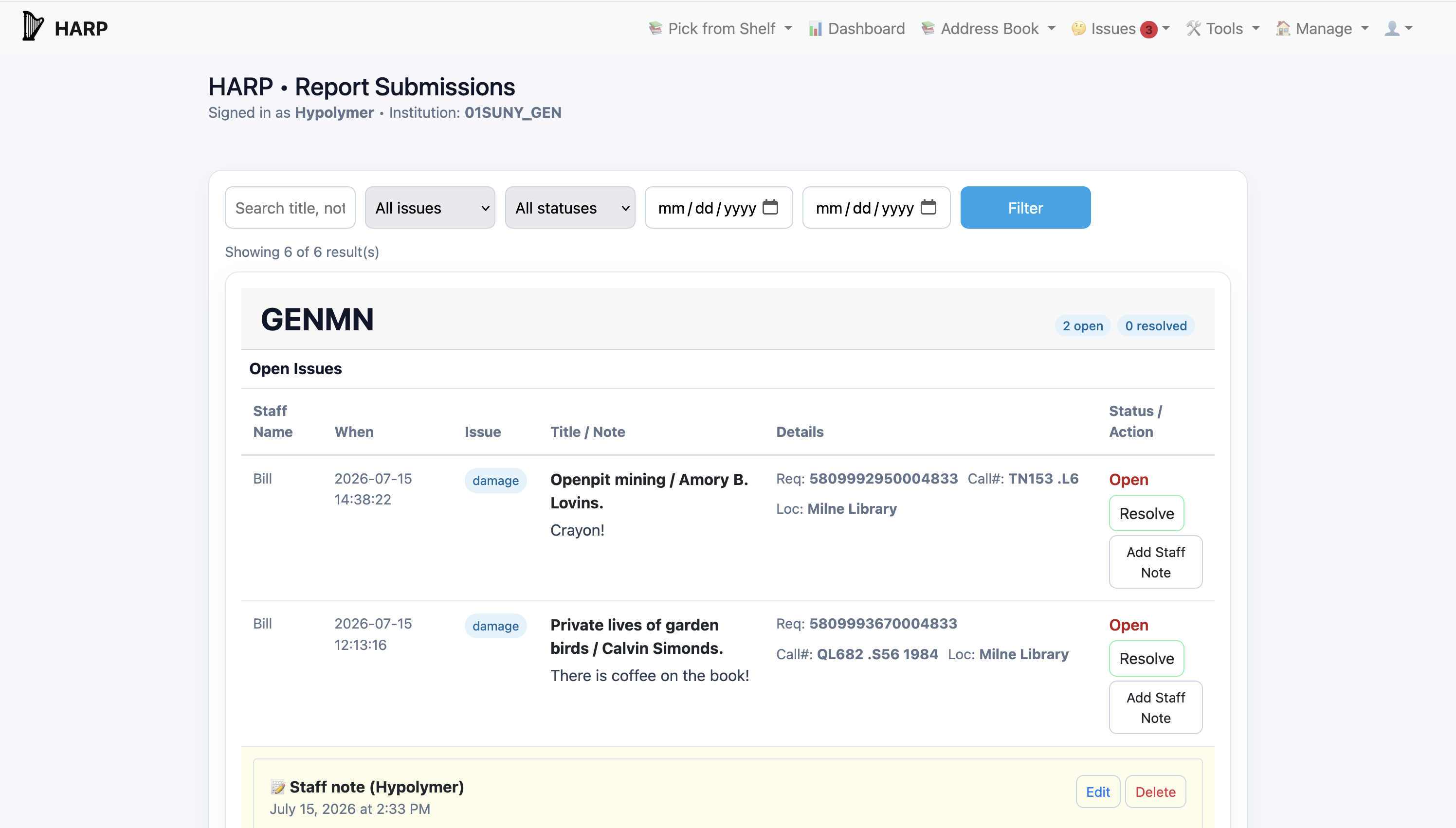 HARP Manage Issues Menu