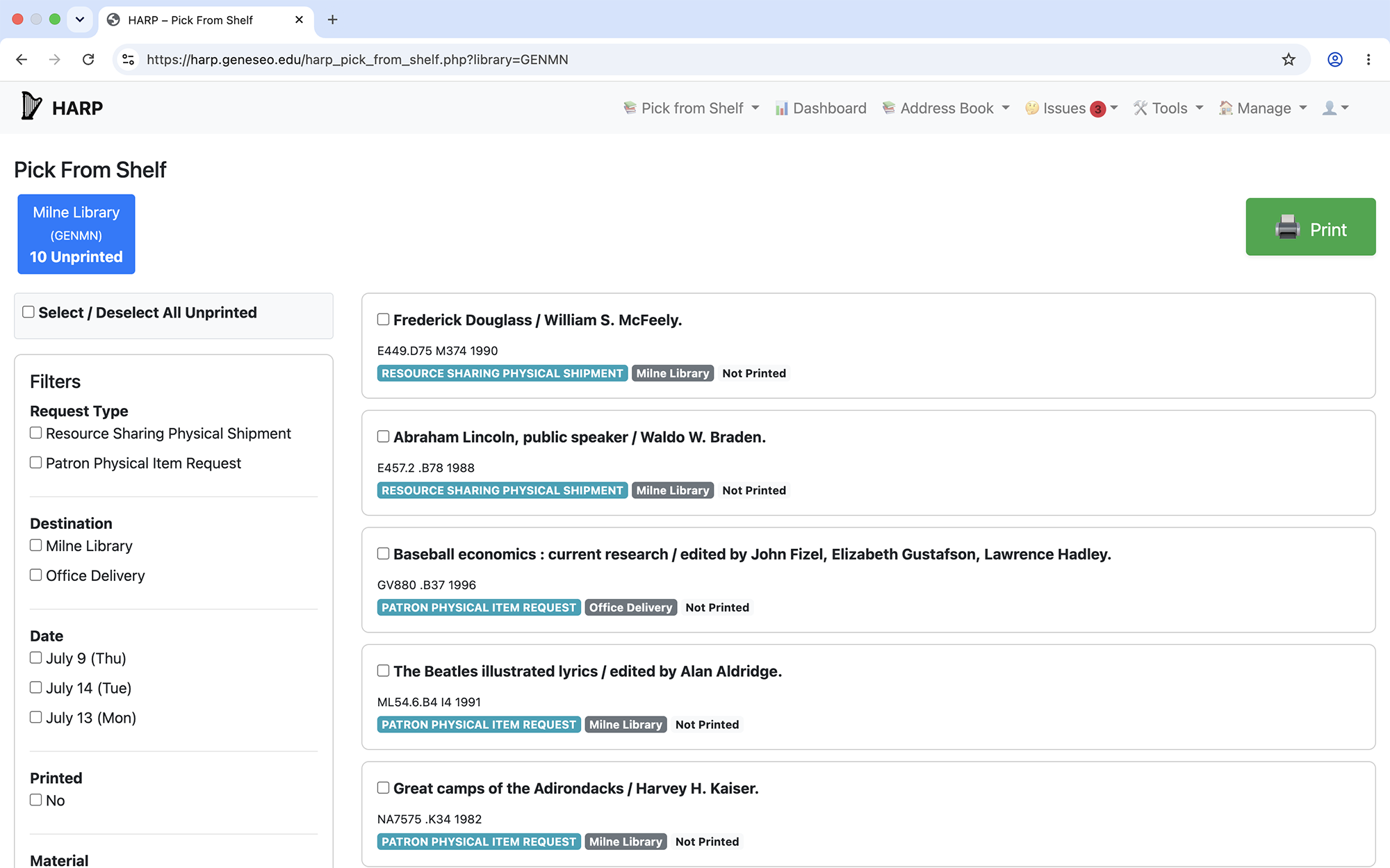 HARP dashboard showing request counts by library