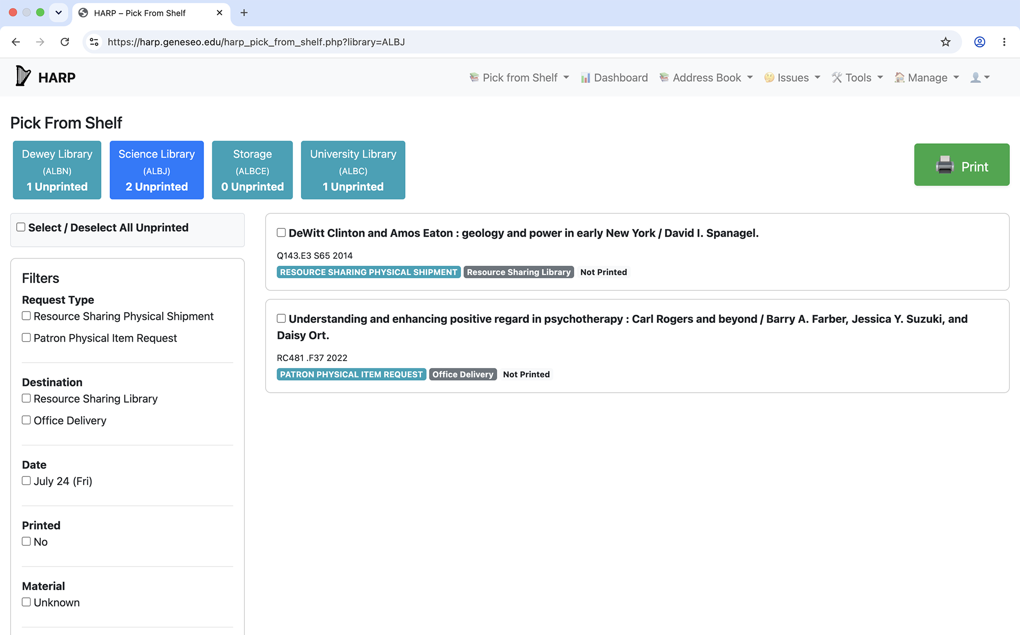 HARP dashboard showing request counts by library for multiple libraries