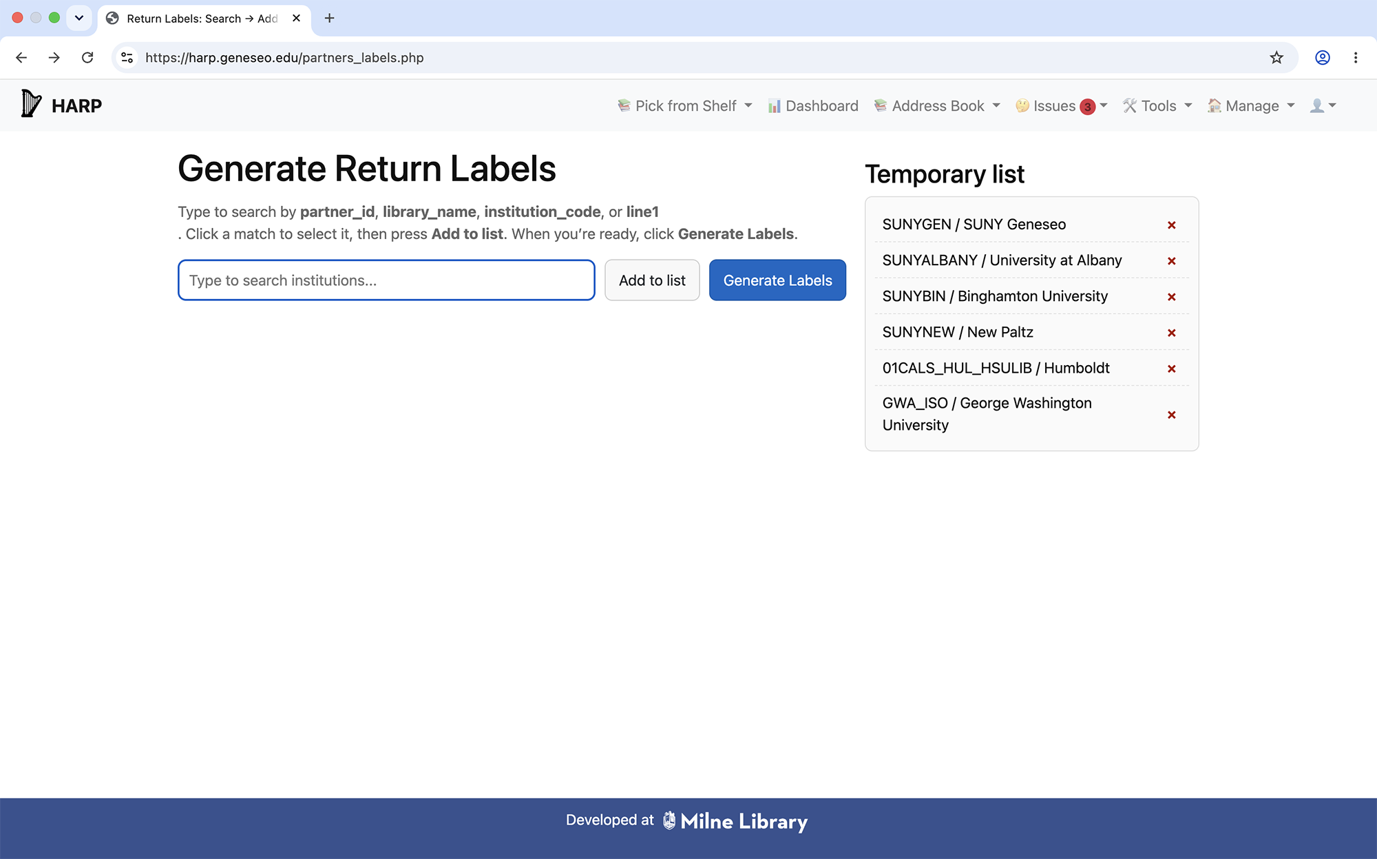 HARP Generate Return Labels with six libraries selected