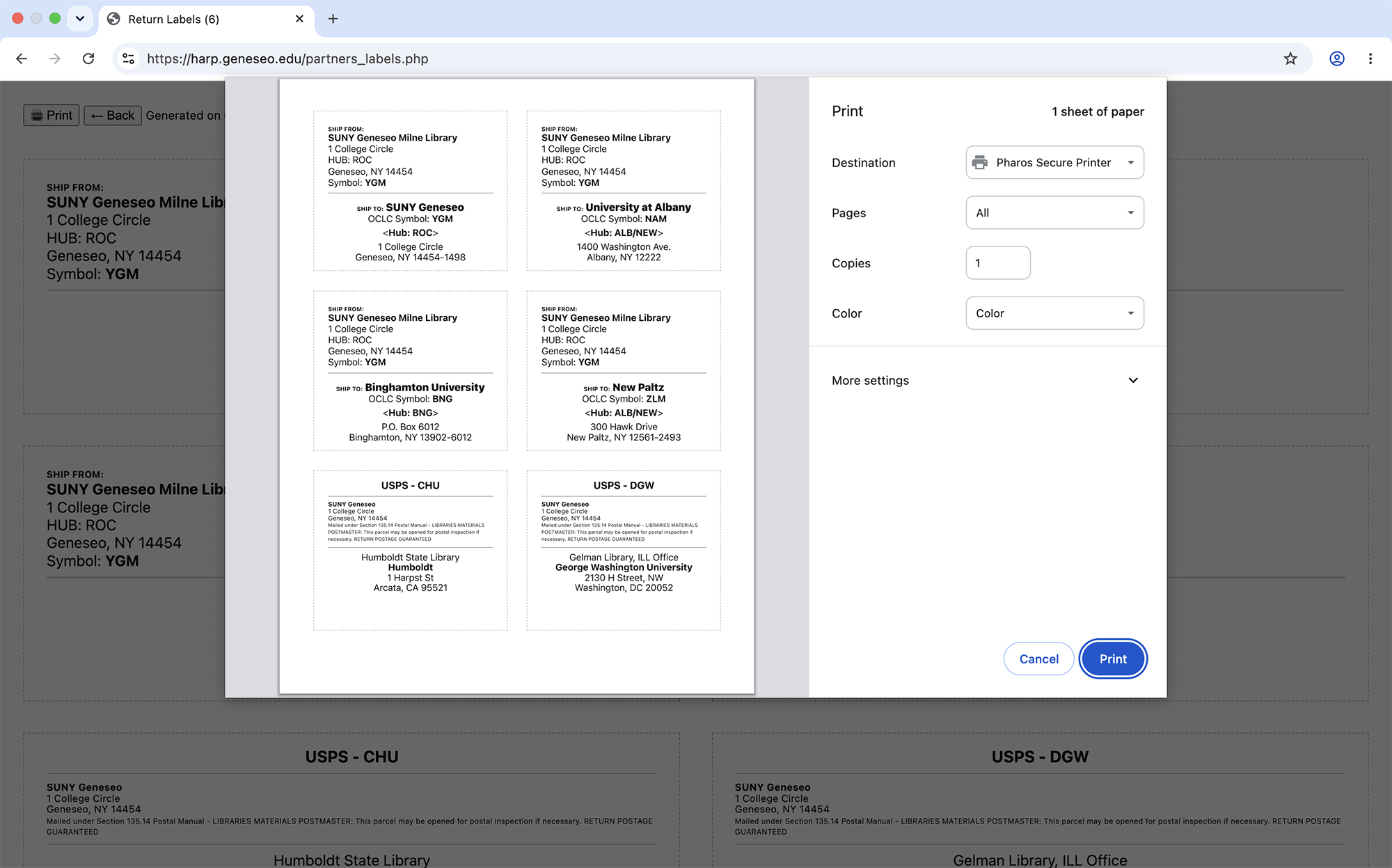 HARP Shipping Labels Printing Output