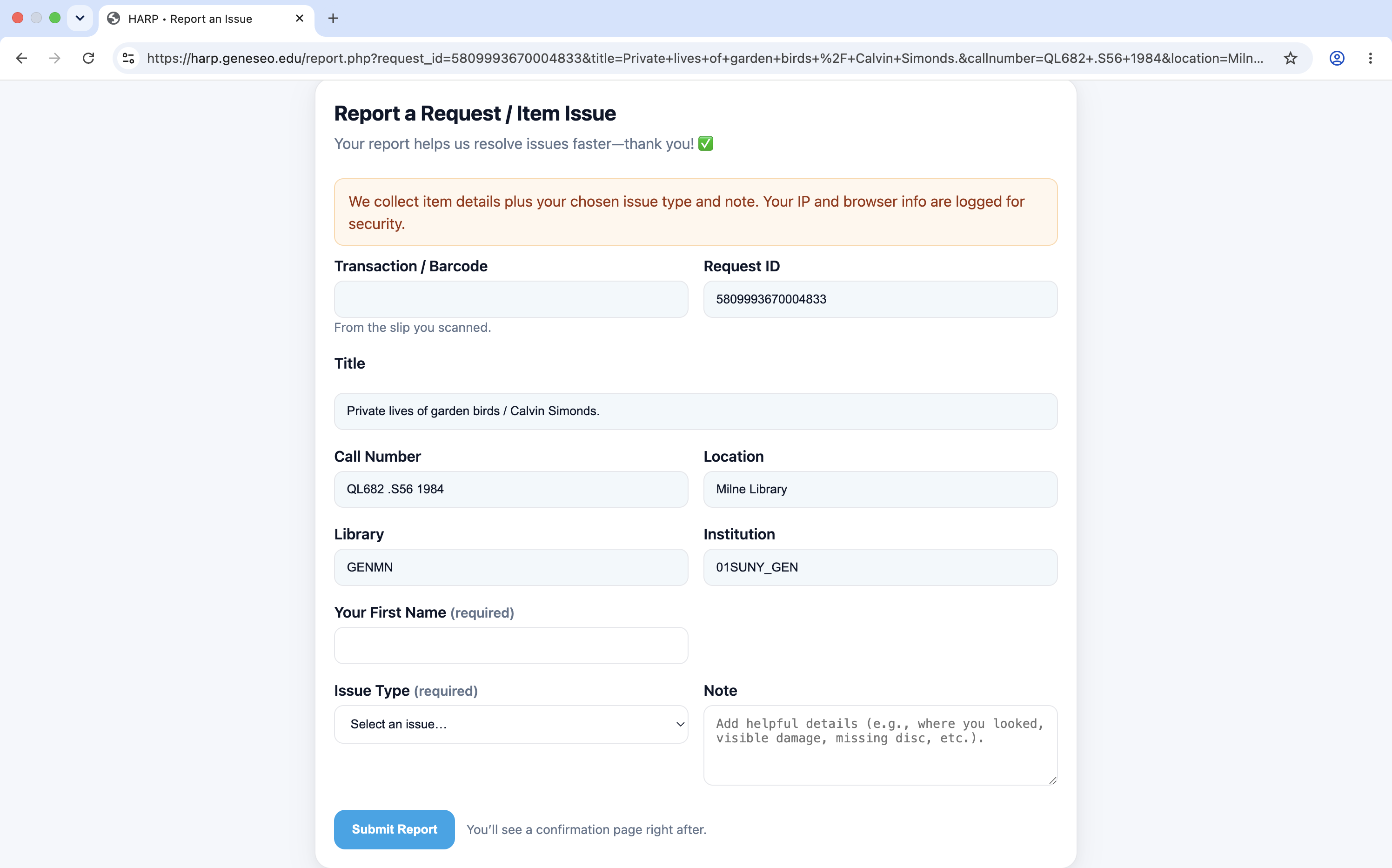 HARP Report Issue Web Form Input
